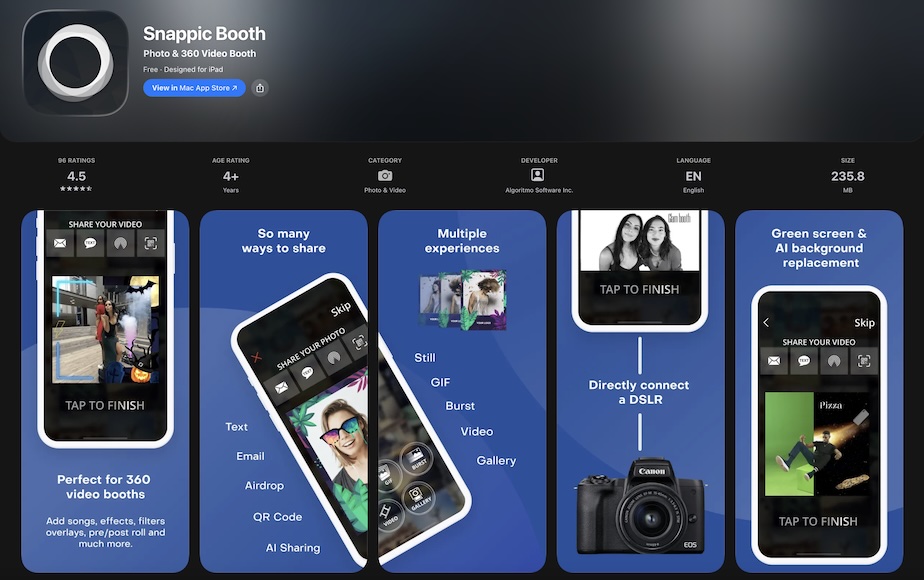 App Store page for Snappic Booth, showing screenshots of app features like 360 video booths, sharing options, green screen, and DSLR connectivity, with a 4.5-star rating displayed.
