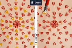 A split-screen comparison showing orange and strawberry slices arranged in a pattern on the left, with an orange slice being digitally erased by a pencil tool on the right.