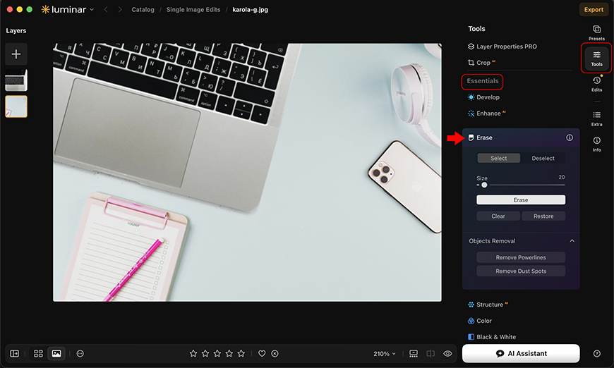 Interface of photo editing software showing the Erase tool panel with red outlines and an arrow highlighting specific settings.