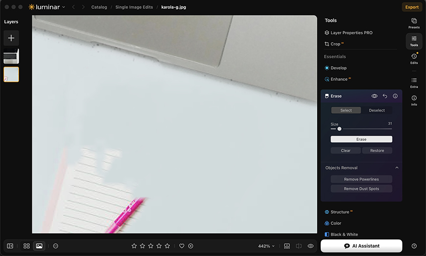 A screenshot of the Luminar photo editing software interface, showing the Erase tool panel open over an image of a notebook and pen.