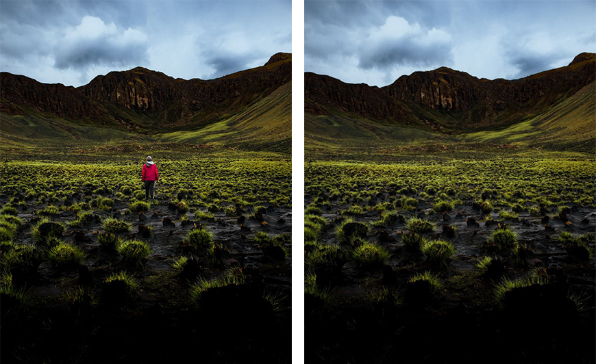 Side-by-side comparison of a person in a red jacket standing in a grassy mountain valley, with the person removed in the second image.