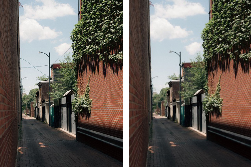 Side-by-side view of a narrow brick alleyway with ivy growing on the walls and a single portable toilet visible in the distance.