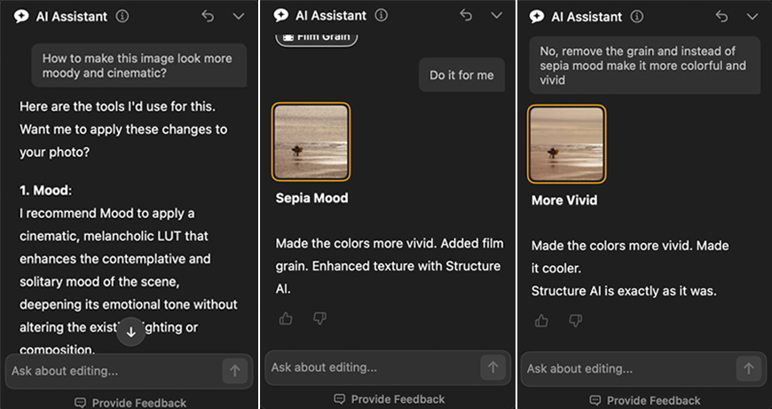 Three screenshots of an AI photo editing chat interface showing conversational prompts and resulting image adjustments.