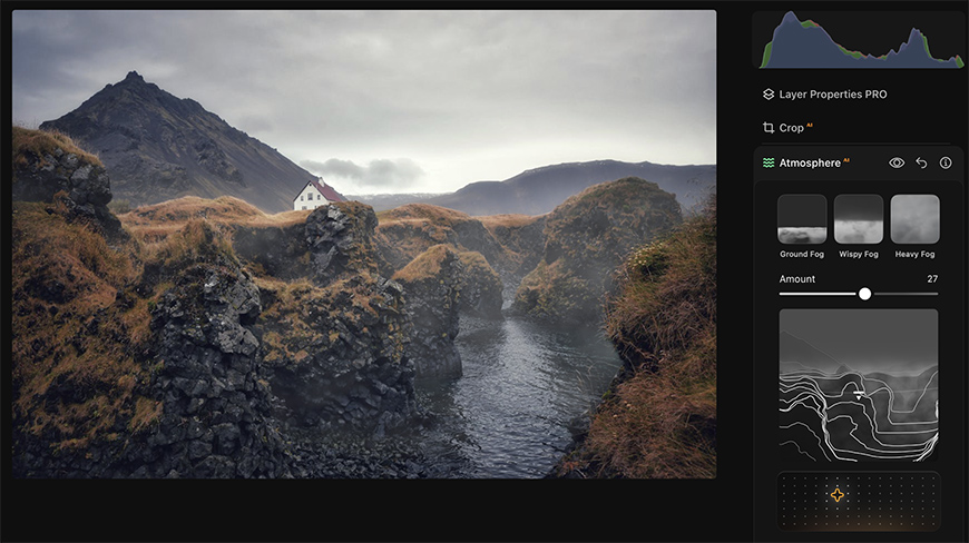 A landscape photo editing interface showing a rocky mountain stream and a small white house, with an Atmosphere adjustment panel open on the right.