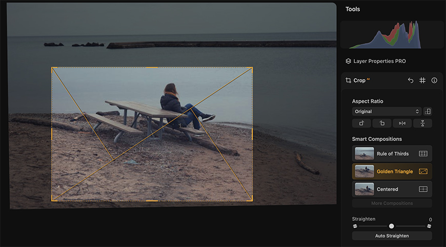 An image editing interface showing a crop tool active over a photo of a person sitting at a picnic table on a beach, with the Golden Triangle composition guide selected in the side panel.