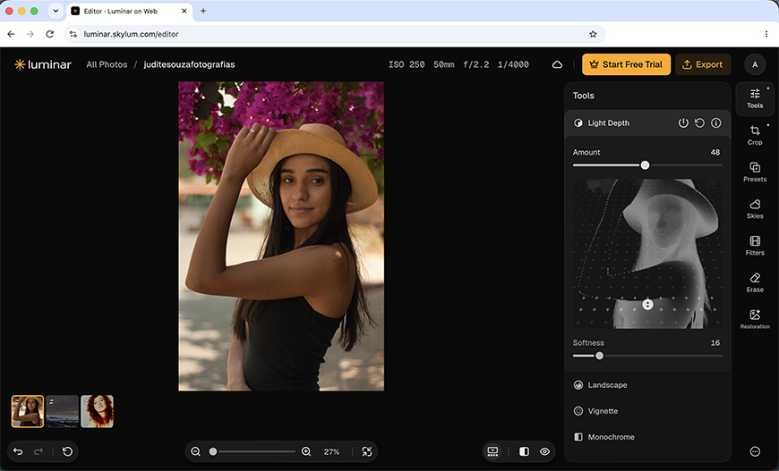 Luminar web photo editor interface showing a portrait of a woman in a hat being edited with a Light Depth tool.