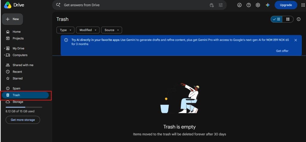 Google Drive interface showing an empty Trash folder, a promotional banner for Gemini, and a red highlight around the Trash menu item in the left sidebar.