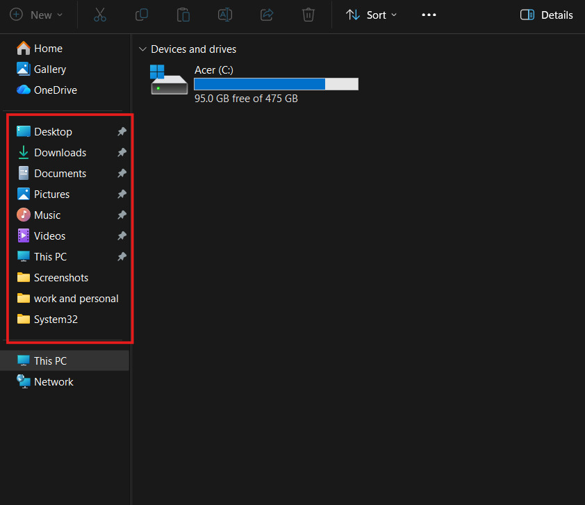 File Explorer sidebar showing a list of pinned folders including Desktop, Downloads, Documents, Pictures, Music, Videos, This PC, Screenshots, work and personal, and System32.