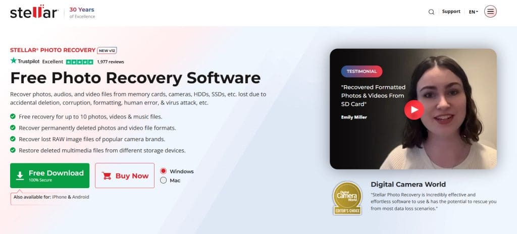 Stellar Photo Recovery software webpage featuring product benefits, a testimonial video, and free download buttons for Windows and Mac.