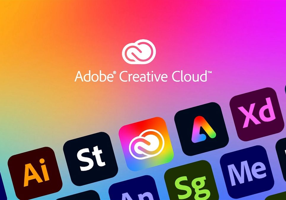 Colorful gradient background featuring adobe creative cloud logo and various adobe application icons such as photoshop, illustrator, and premiere.