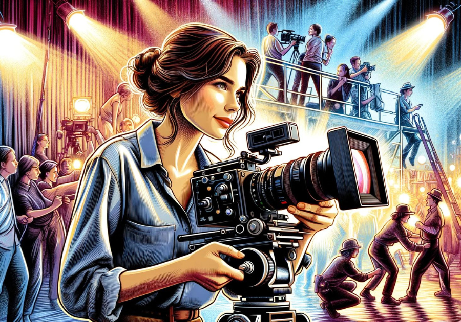 A woman holding a camera in front of a crowd.