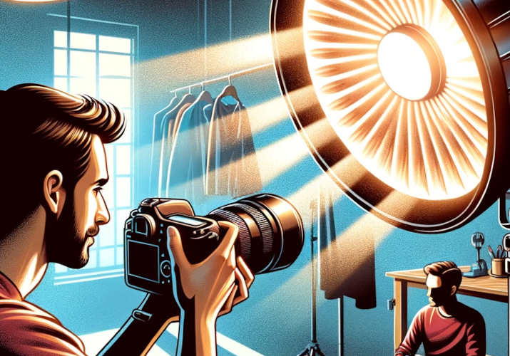 An illustration of a man taking a photo in front of a COB light.