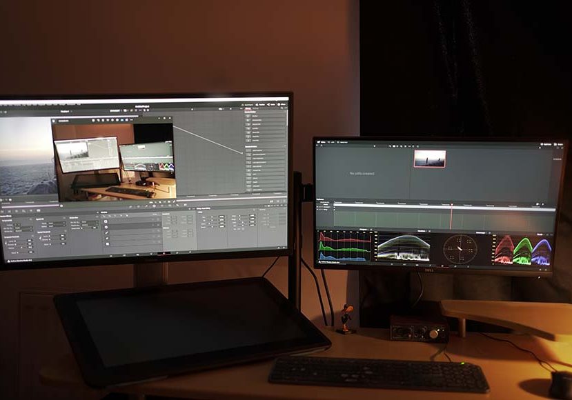 A desk with two monitors and a mouse.