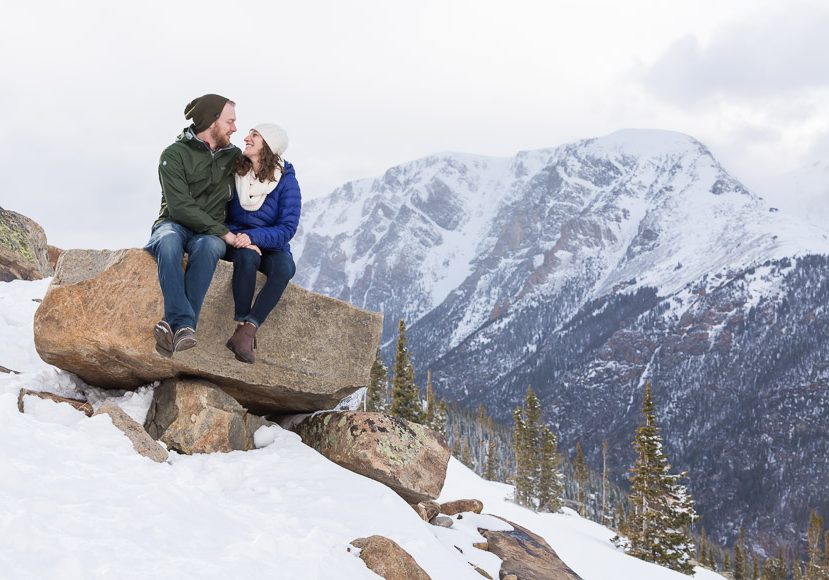 A couple sitting on top of a rock in the snow.