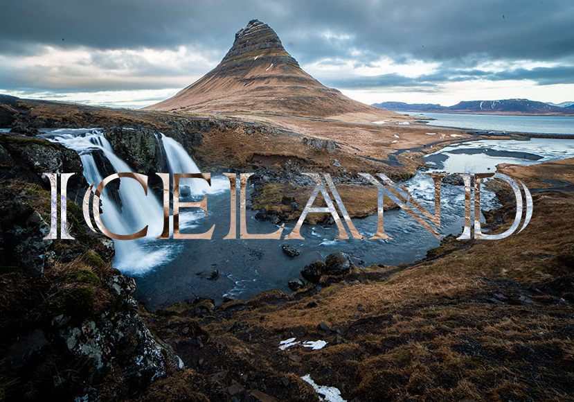 The word iceland with a waterfall in the background.