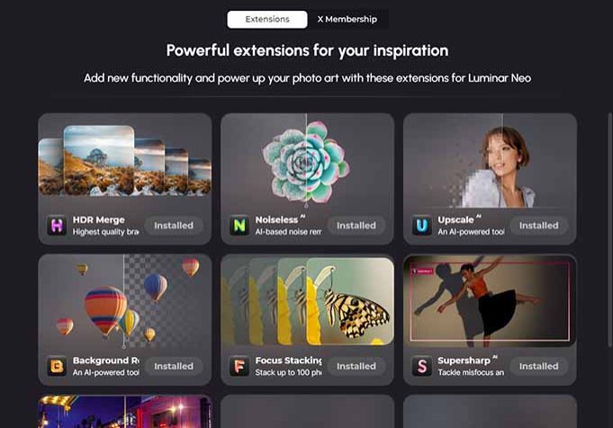 A list of extensions available in Luminar Neo