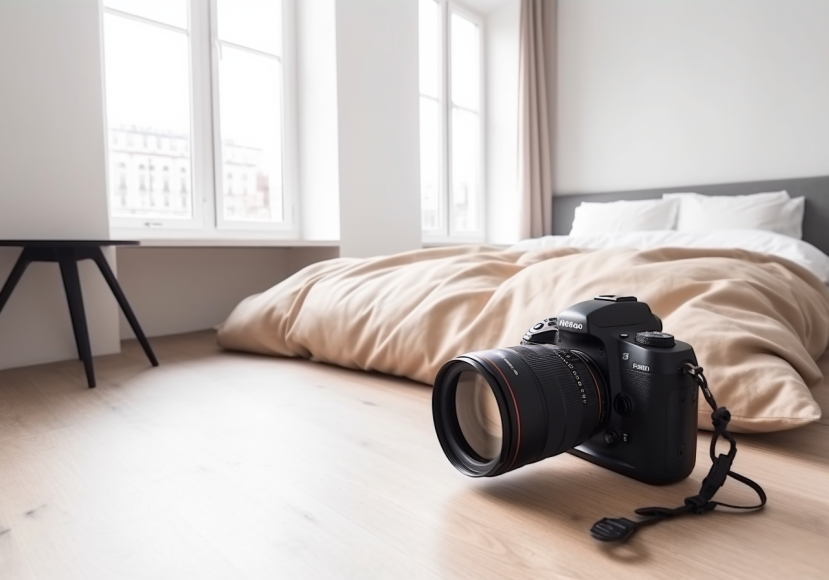 a camera sitting on the floor next to a bed.