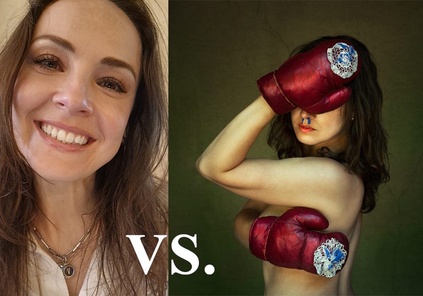 a woman wearing red boxing gloves next to a picture of a woman wearing red boxing.
