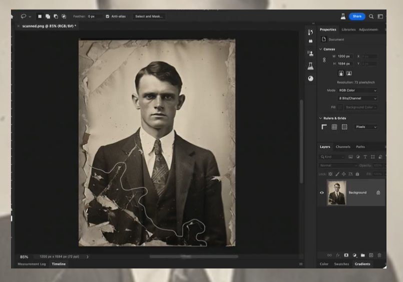 A photo of a man in a suit is shown in adobe photoshop.