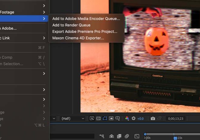 Adobe After Effects Render Settings and Menu