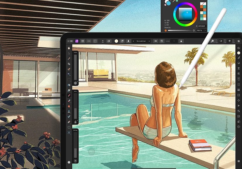 a woman sitting on a ledge next to a pool on Affinity Photo ipad screen