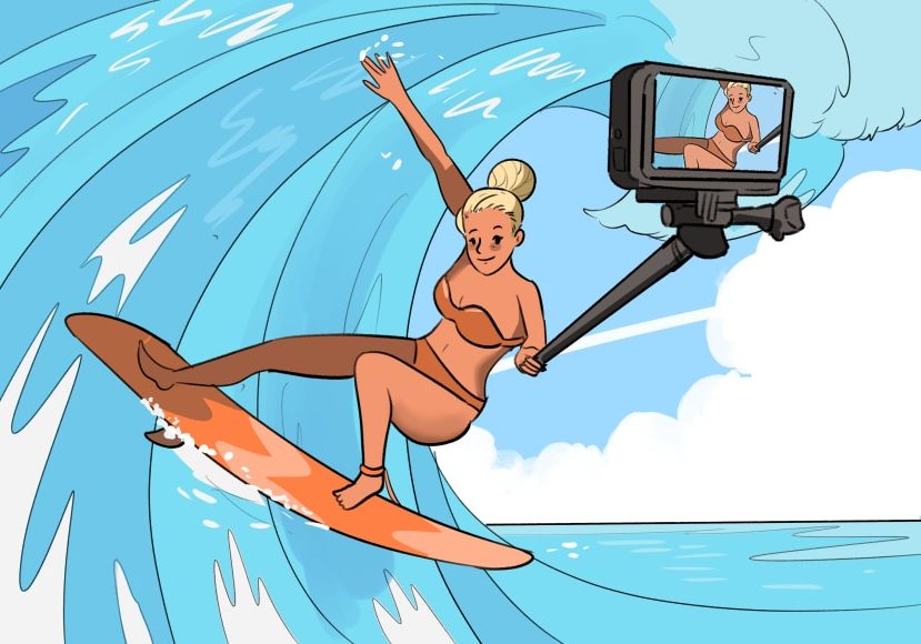 illustration of surfing girl using an action camera