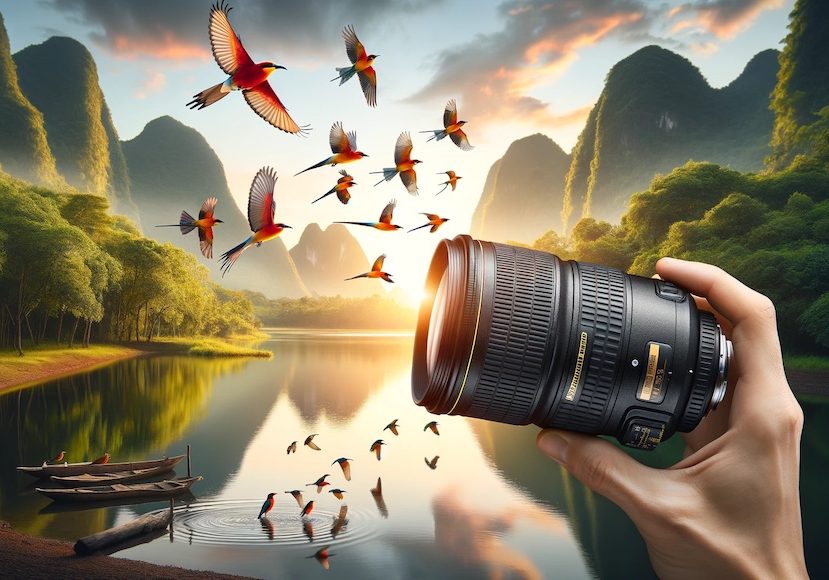 A hand holding a camera with birds flying around it.