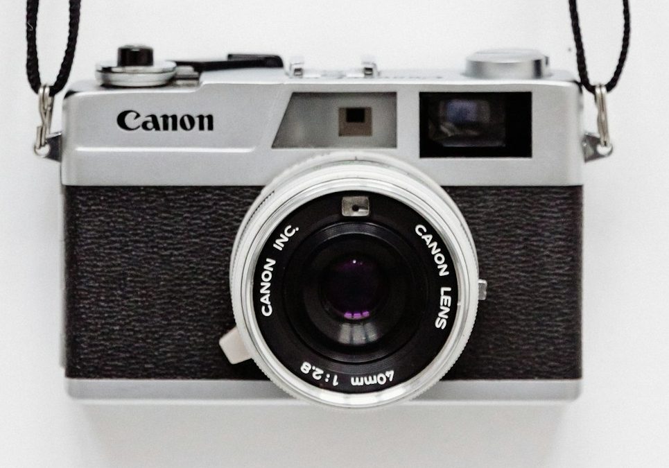 Vintage canon film camera against a white background.