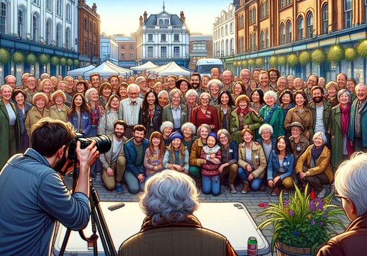 A photographer capturing a large group of smiling people in an outdoor setting.