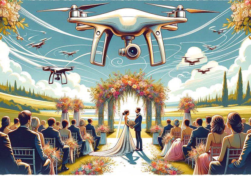 A painting of a wedding ceremony with a drone flying above.