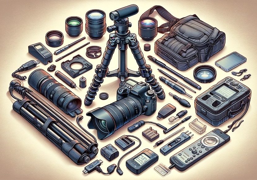 A neatly arranged collection of professional photography equipment, including cameras, lenses, tripod, and accessories.