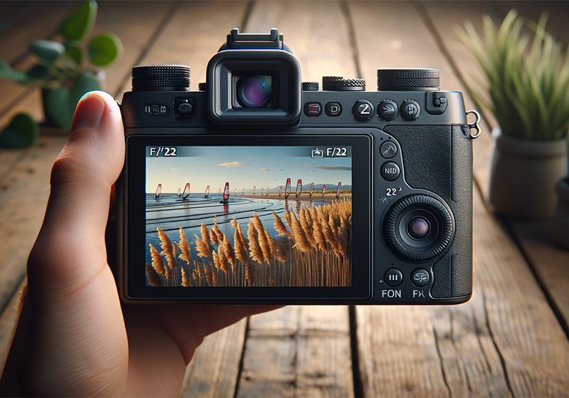 A person holding up a camera with a picture of a beach.