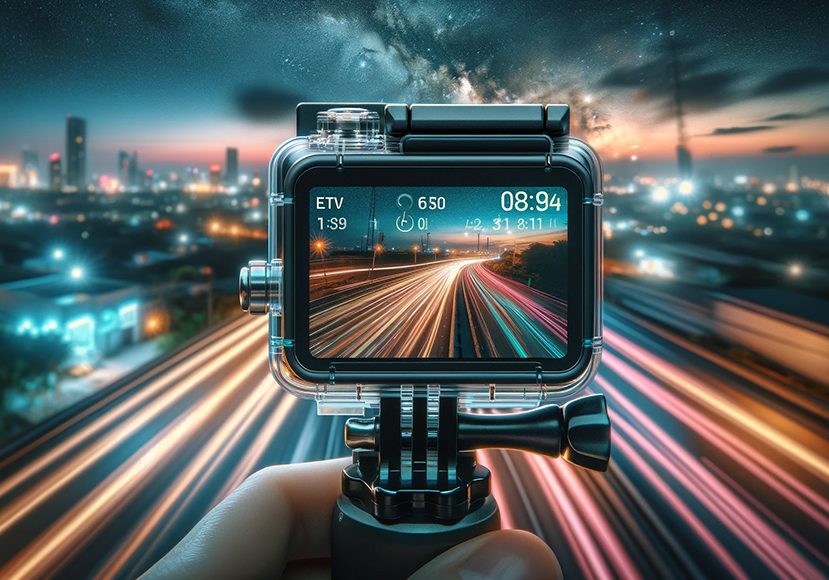 A person holding up a camera with a city in the background.