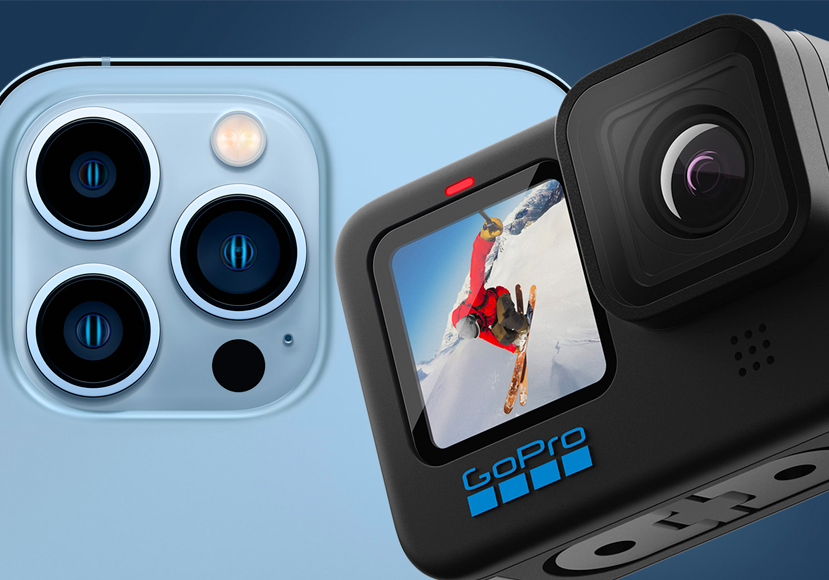 A gopro action camera next to an iphone.