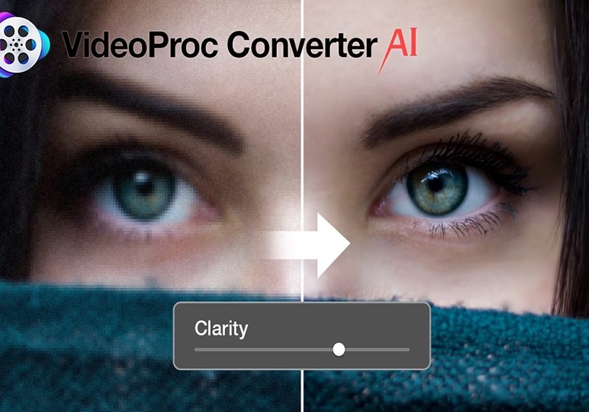 Advertisement for videoproc converter ai showing a before and after enhancement of a woman's eyes, highlighting increased clarity.