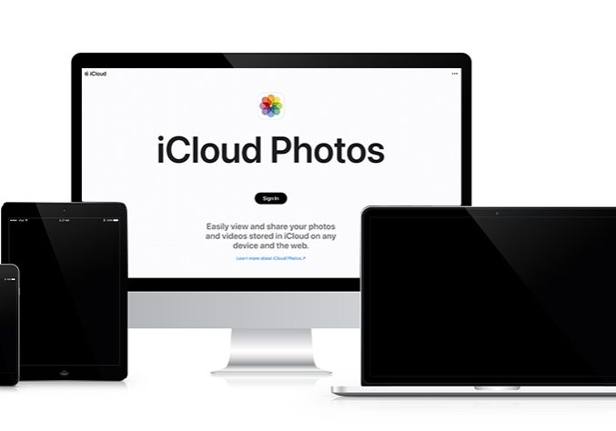 a computer, laptop, phone and tablet all displaying the icloud photos website.