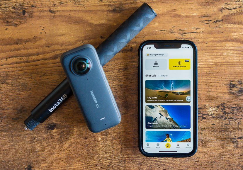 Insta360 camera with app and selfie stick