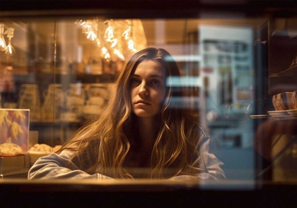 a girl looking out of a window at night.