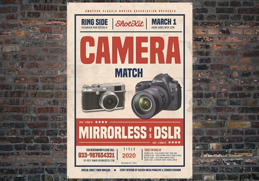 poster showing mirrorless and dlsr cameras fighting