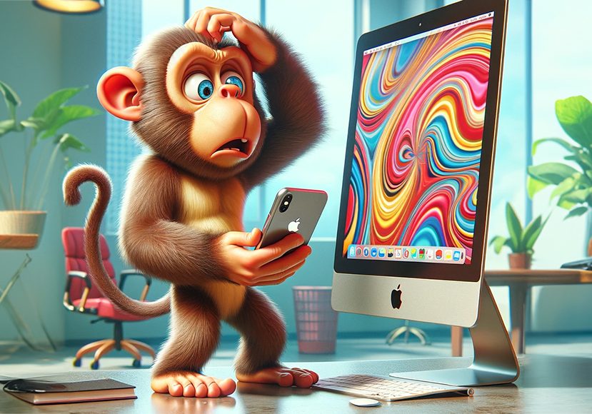 A puzzled monkey holding a smartphone stands beside a desktop computer with a colorful wallpaper.