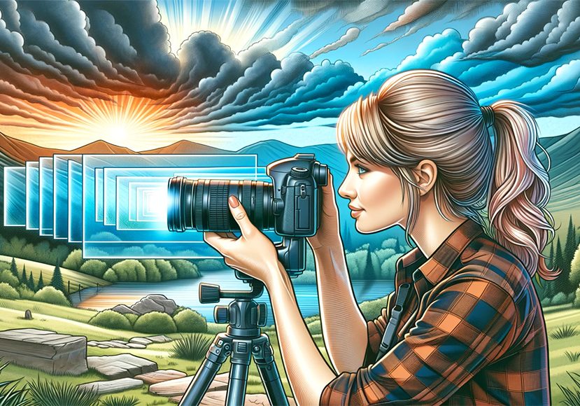 A woman is taking a picture with a camera.
