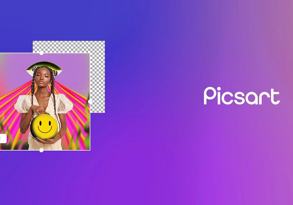 Promotional image for picsart featuring a young woman with colorful ribbons in her hair, surrounded by graphic design elements like a smiley face and cutout tools.