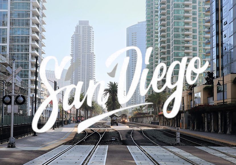 The word san diego is written on a train track.