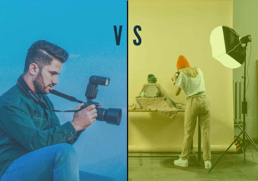 Split image showing a man shooting a video on the left, and a woman taking a photo in a studio setup on the right, with a "vs" graphic in the center.