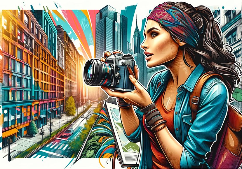Illustration of a woman taking photographs in a vibrant urban setting.