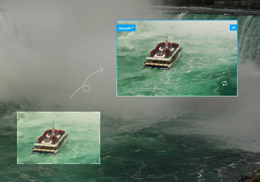 two pictures of a boat in a body of water being enlarged with upscale ai luminar neo