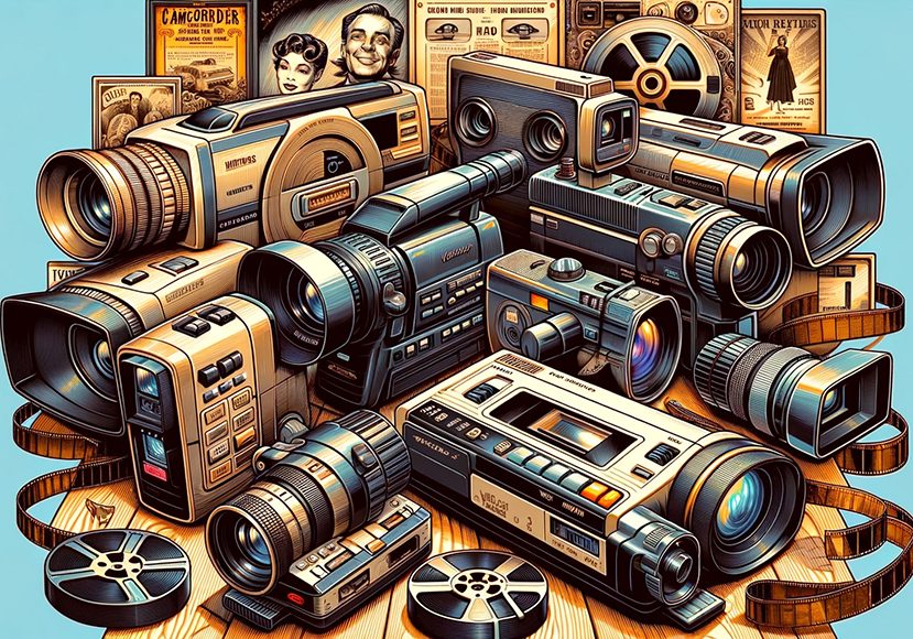 A drawing of a bunch of old video cameras.